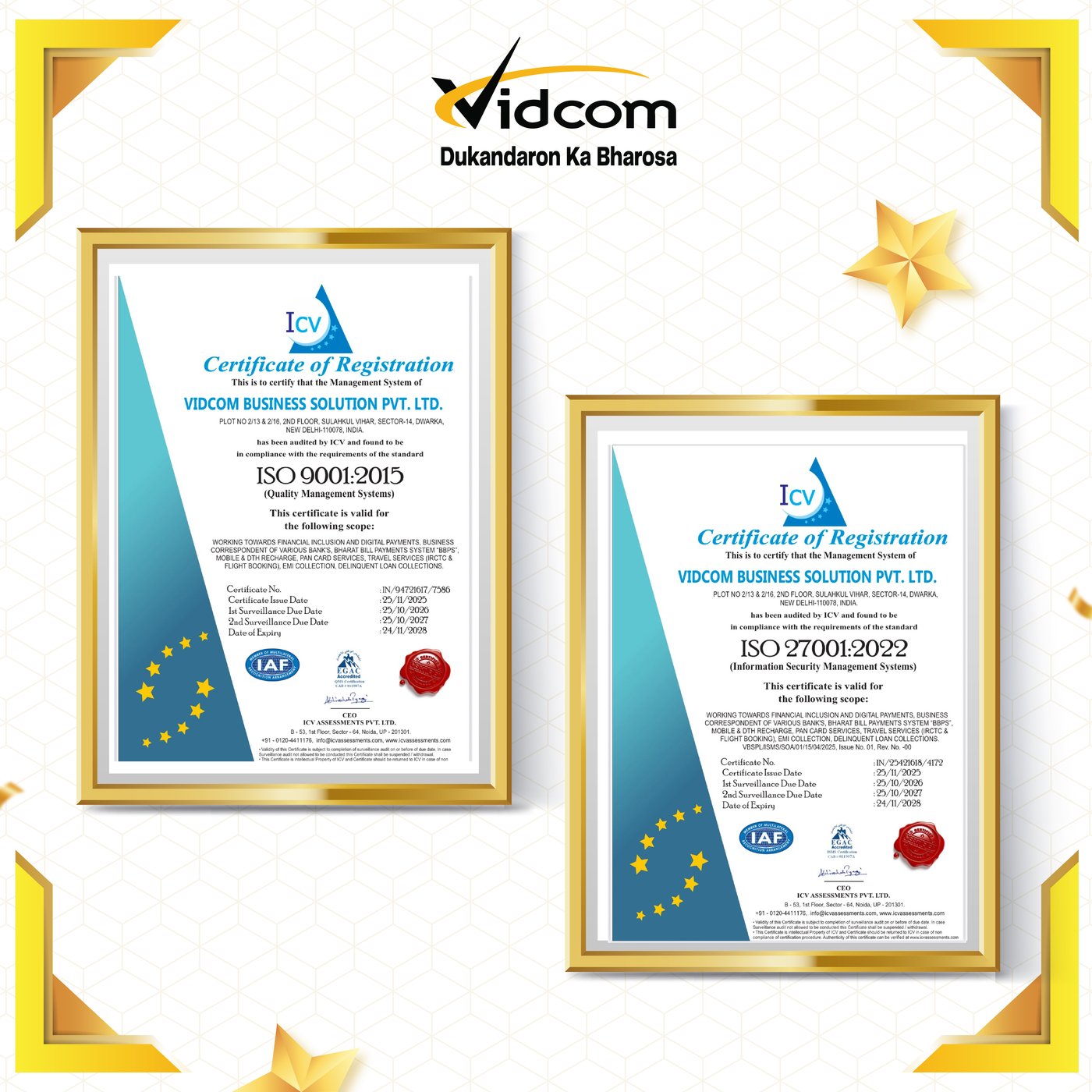 ISO 9001:2015 and ISO 27001:2022 certificates awarded to Vidcom Business Solution Pvt. Ltd.