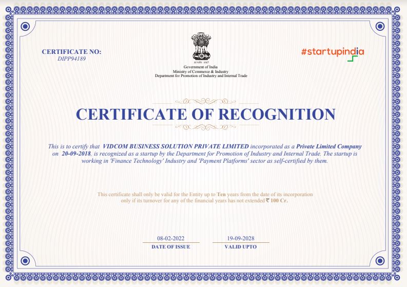 DIPP Certificate of Recognition under the Government of India's Startup India program