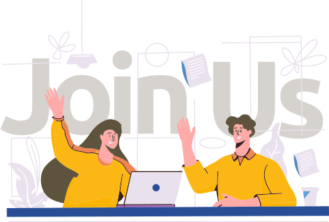Join Us — two colleagues waving at their desk